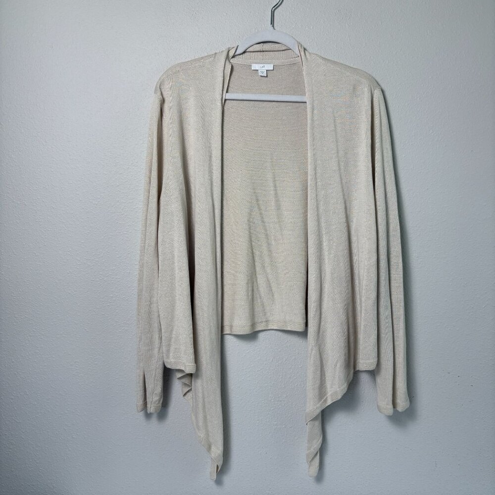 J Jill Cardigan Sweater Size XL Tan Beige Linen Blend Open Front Coastal Beach